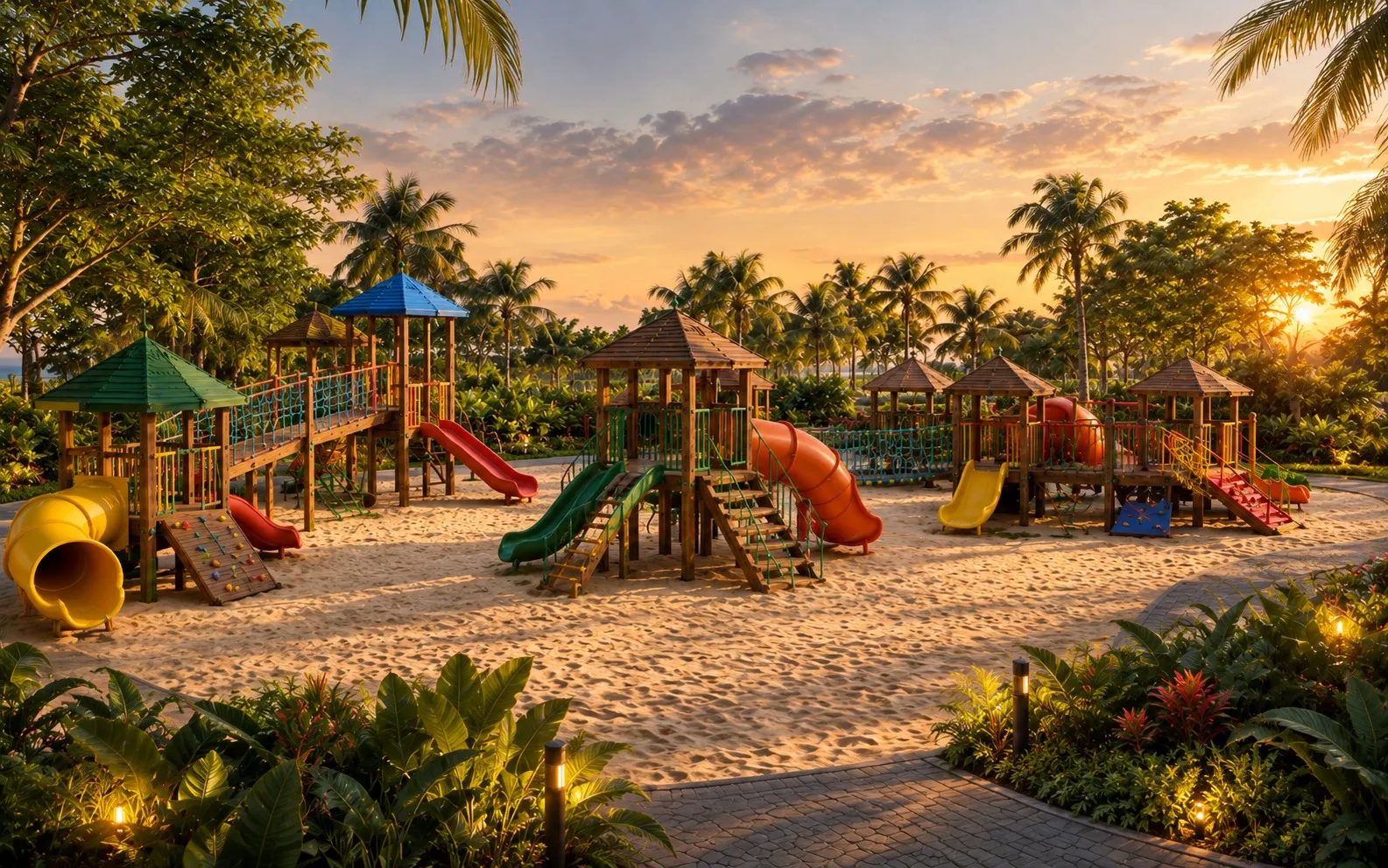 Playground de madeira na areia ao entardecer
