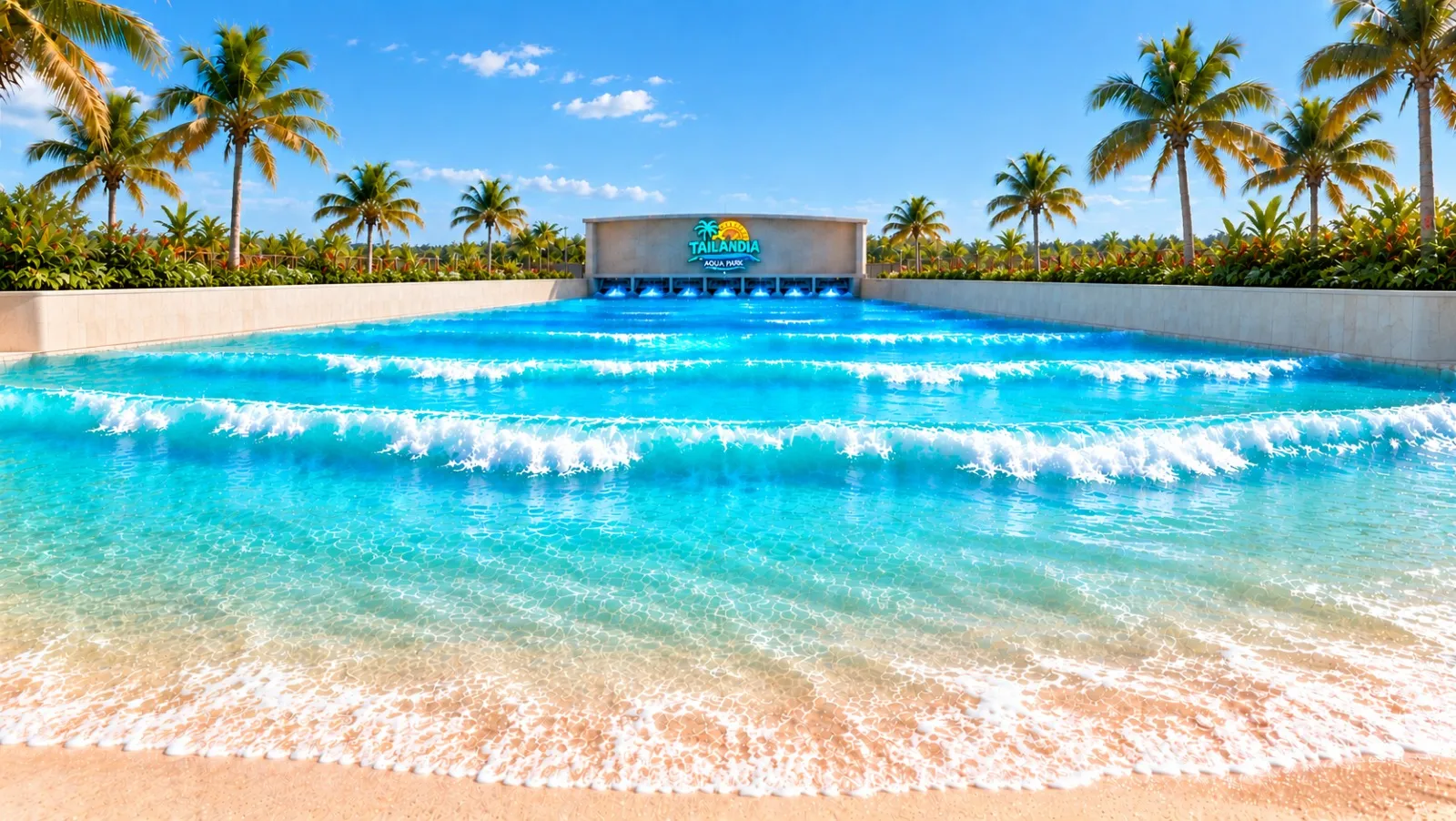 Imagem ilustrativa do projeto: Piscina de ondas com areia clara e coqueiros