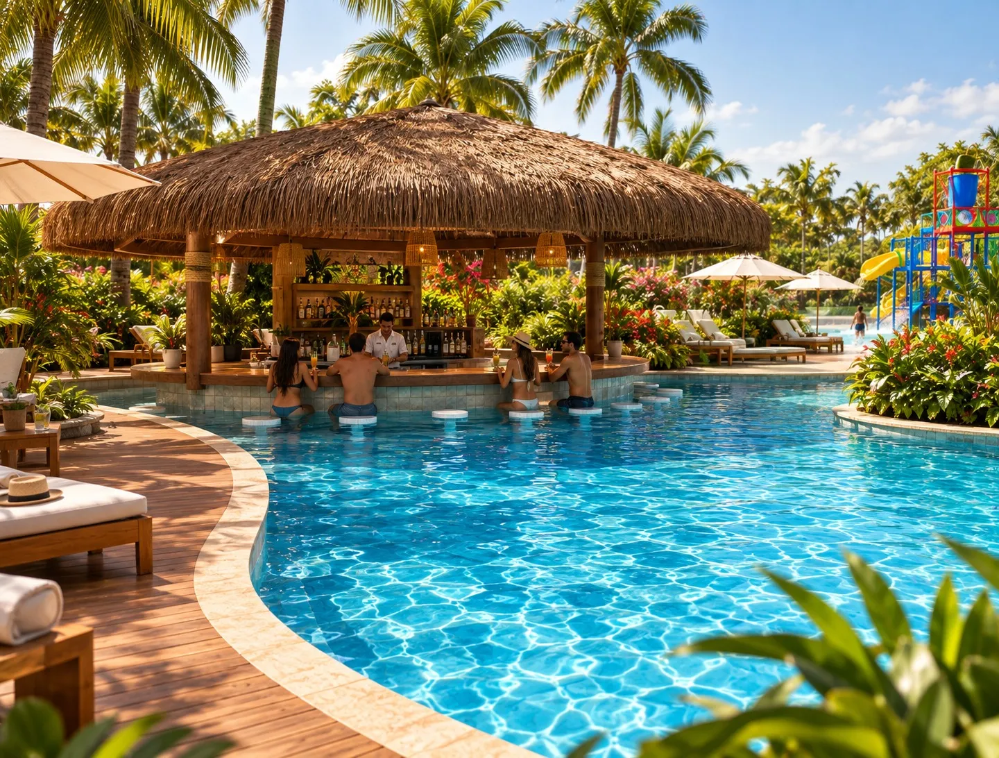 Piscina sinuosa com quiosque e deck de madeira